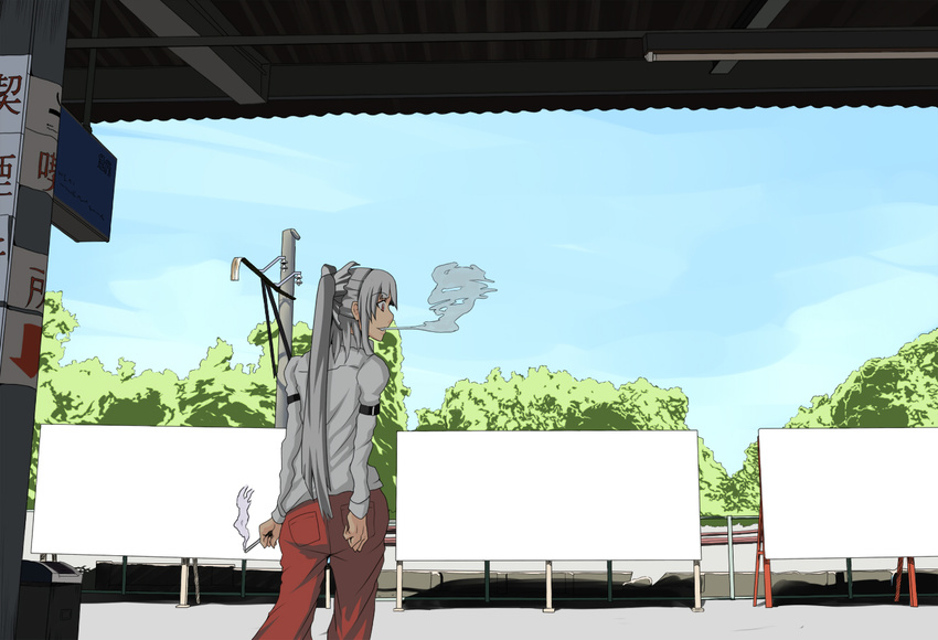 back cigarette contemporary day fujiwara_no_mokou hair_ribbon ponytail profile ribbon scenery sky smoke solo standing supu touhou tree