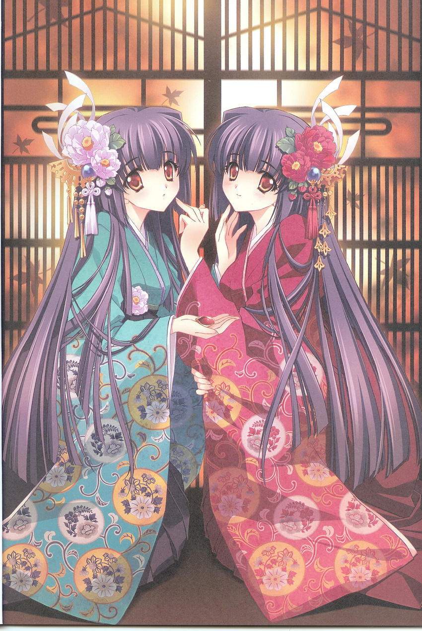 absurdres carnelian highres japanese_clothes kao_no_nai_tsuki kimono kuraki_mizuna kuraki_suzuna long_hair matching_outfit multiple_girls non-web_source purple_hair scan scan_artifacts siblings sisters twins yellow_eyes