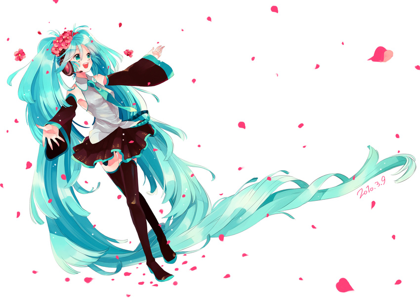 amezawa_koma aqua_eyes aqua_hair bad_id bad_pixiv_id boots crossed_legs detached_sleeves flower hair_flower hair_ornament happy hatsune_miku headphones headset highres legs long_hair necktie open_mouth outstretched_arms petals simple_background skirt smile solo spread_arms standing thigh_boots thighhighs twintails very_long_hair vocaloid watson_cross zettai_ryouiki