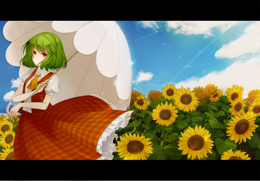 ascot bad_id bad_pixiv_id cloud day field flower flower_field green_hair hagihara_asami kazami_yuuka lens_flare letterboxed nature parasol plaid plaid_skirt plaid_vest puffy_sleeves red_eyes short_sleeves skirt skirt_set sky smile solo standing sunflower touhou umbrella vest wind