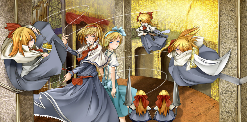 album_cover alice_margatroid alice_margatroid_(pc-98) bad_id bad_pixiv_id blonde_hair blue_eyes bow capelet cover doll dress dual_persona gun hair_bow hairband knife lance long_sleeves metalwasabi multiple_girls polearm puffy_sleeves shanghai_doll short_sleeves string sword touhou touhou_(pc-98) weapon