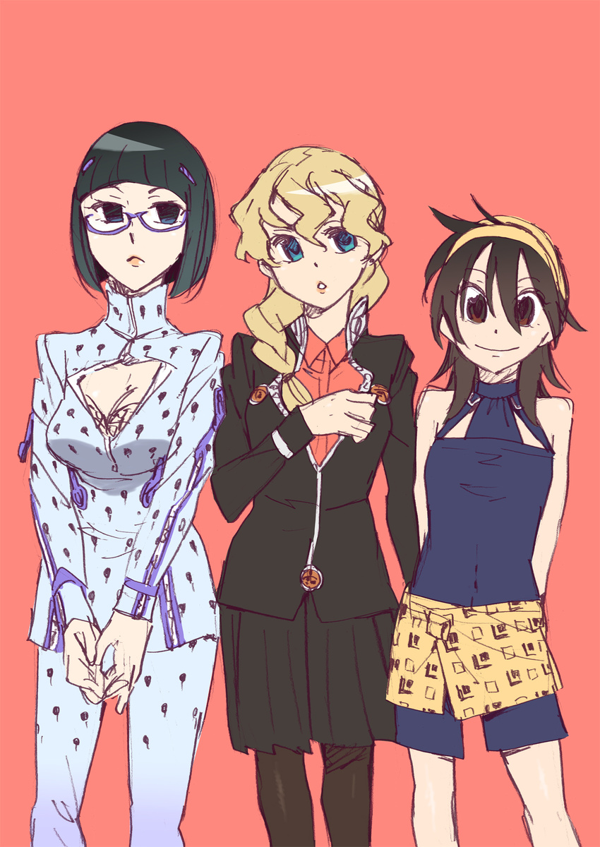 arms_behind_back bad_id bad_pixiv_id bare_shoulders black_hair blonde_hair blue_eyes braid brown_eyes bruno_buccellati bug choker cleavage_cutout genderswap genderswap_(mtf) giorno_giovanna glasses hair_ornament hairband hairclip headband highres insect jojo_no_kimyou_na_bouken katou_haruaki ladybug multiple_girls narancia_ghirga pantyhose short_hair skirt smile vento_aureo wavy_hair zipper