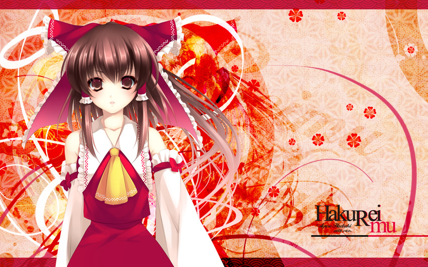 ayase_hazuki bow brown_eyes brown_hair cao. detached_sleeves hair_bow hakurei_reimu highres japanese_clothes long_hair ribbon solo touhou wallpaper