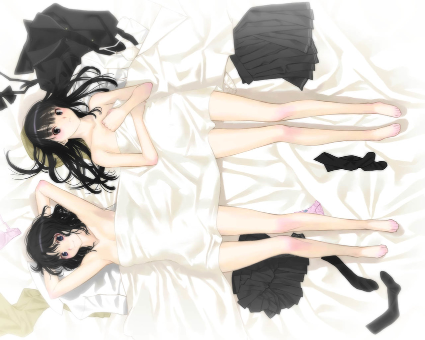 amagami armpits ayatsuji_tsukasa barefoot bed_sheet black_eyes black_hair blue_eyes feet flat_chest full_body legs multiple_girls naked_sheet sakamoto_mineji skirt smile socks tanamachi_kaoru