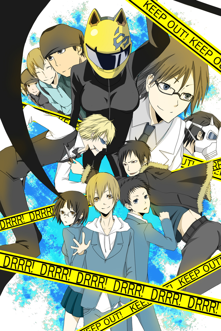 animal_helmet bad_id bad_pixiv_id black_bodysuit black_hair blonde_hair blue_eyes bodysuit breasts brown_eyes brown_hair caution_tape celty_sturluson coat durarara!! gas_mask glasses heiwajima_shizuo helmet highres kadota_kyouhei karisawa_erika keep_out kida_masaomi kishitani_shingen kishitani_shinra kouno_kb labcoat large_breasts multiple_girls orihara_izaya ryuugamine_mikado skin_tight sonohara_anri sunglasses togusa_saburou tuxedo vest yellow_eyes yumasaki_walker