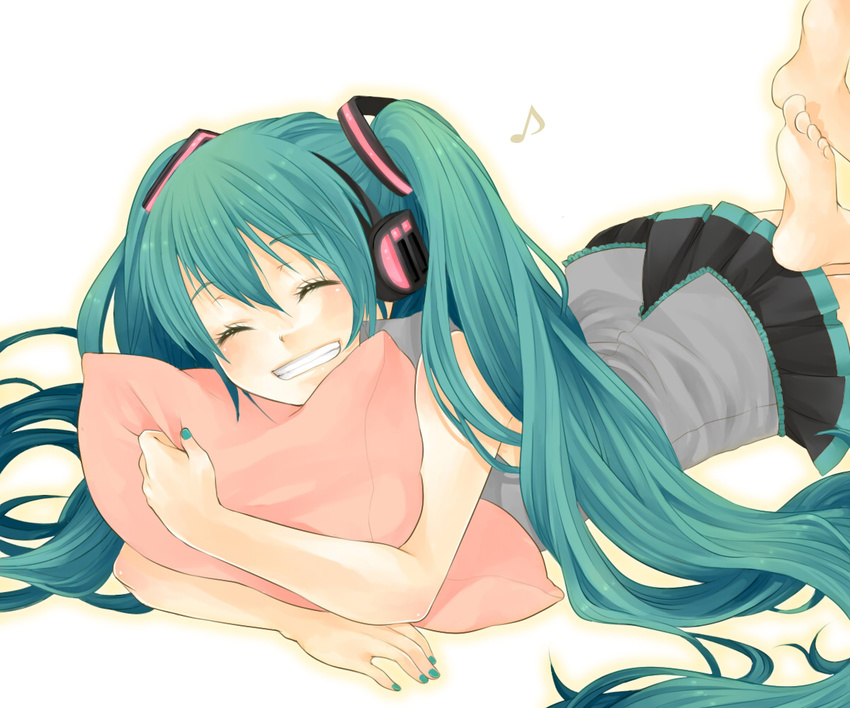 aqua_hair aqua_nails bad_id bad_pixiv_id barefoot feet grin hatsune_miku headphones long_hair lying nail_polish nemutagari on_stomach pillow pillow_hug simple_background skirt smile solo twintails vocaloid