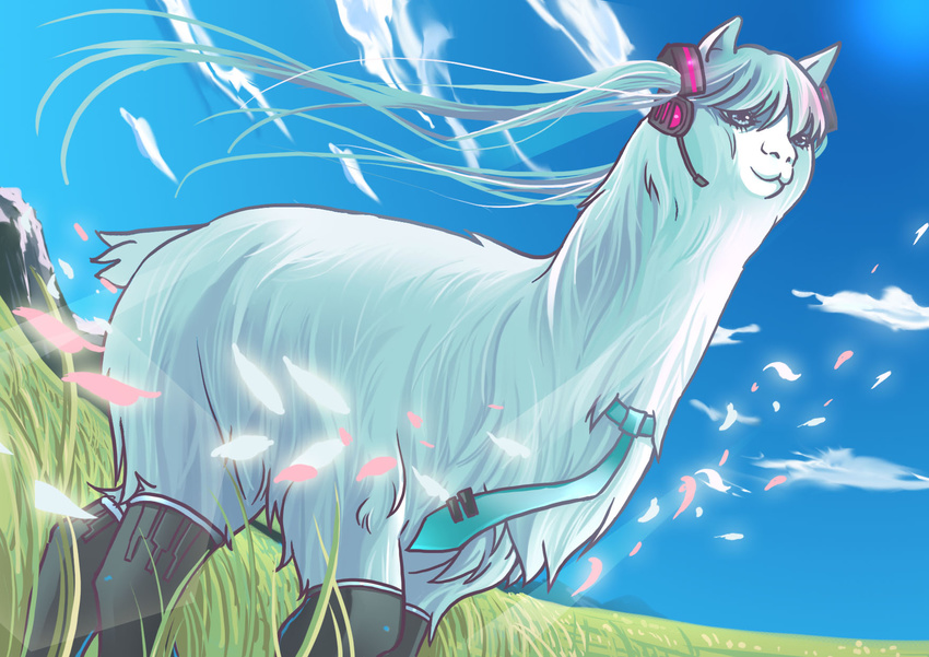 animal animalization blue_hair boots cloud day fur grass hatsune_miku highres llama mountain natsukijia necktie no_humans parody sky twintails vocaloid world_is_mine_(vocaloid)