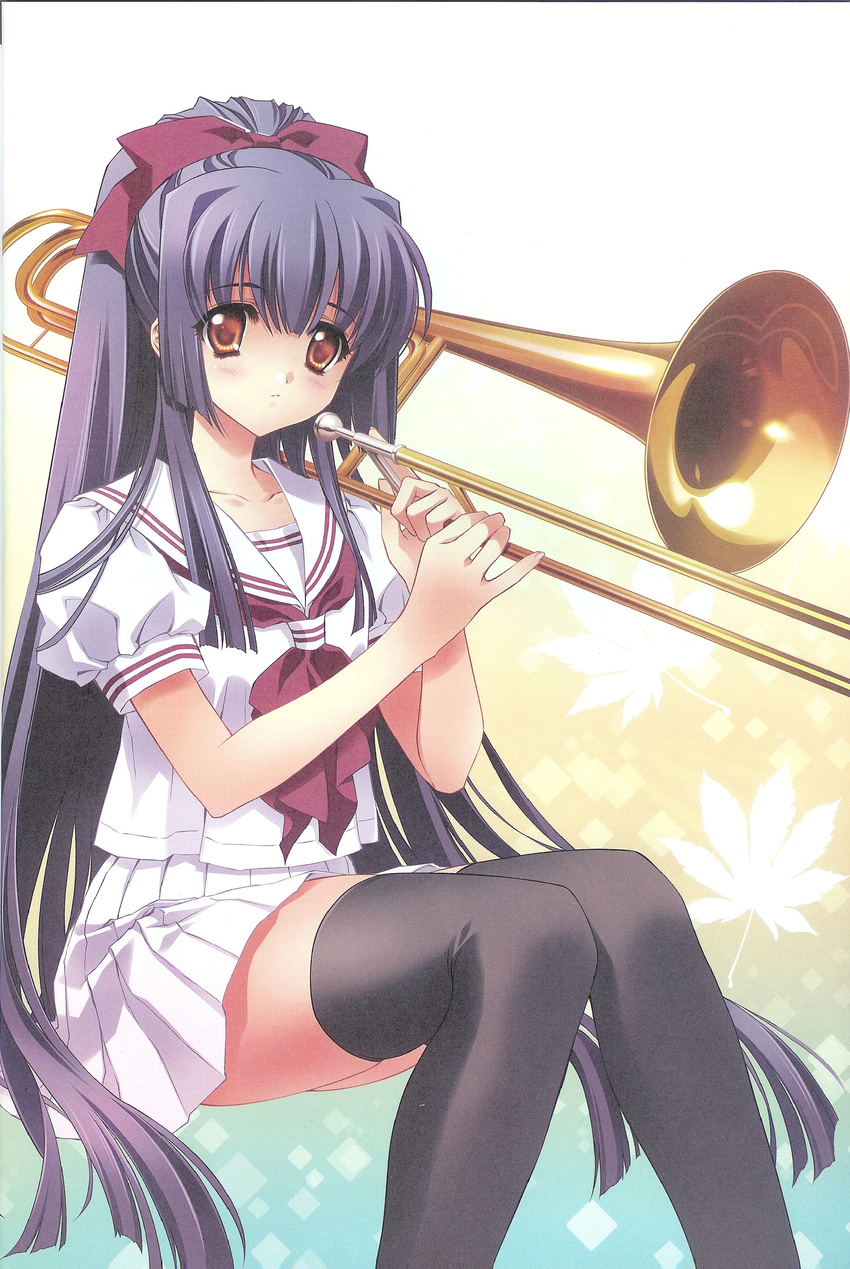 absurdres carnelian error highres instrument kao_no_nai_tsuki kuraki_suzuna long_hair non-web_source ponytail purple_hair school_uniform solo thighhighs trombone yellow_eyes