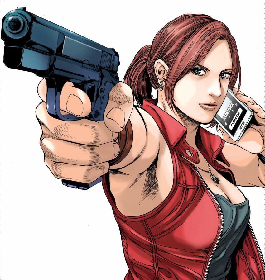 black_tank_top blue_eyes bracelet breasts brown_hair cellphone claire_redfield cleavage commentary_request earrings gun highres holding holding_gun holding_phone holding_weapon jacket jewelry long_hair looking_at_viewer medium_breasts naoki_serizawa necklace phone phone_screen ponytail red_jacket red_vest resident_evil shirt sleeveless sleeveless_shirt smartphone solo upper_body vest weapon