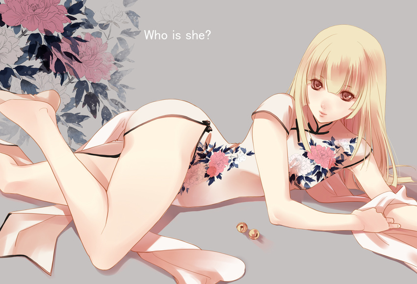 bell blonde_hair china_dress chinese_clothes crossdressing dress english flower fuuchouin_kazuki getbackers highres hirai_chika lips long_hair lying male_focus md5_mismatch on_side otoko_no_ko peony_(flower) red_eyes smile solo