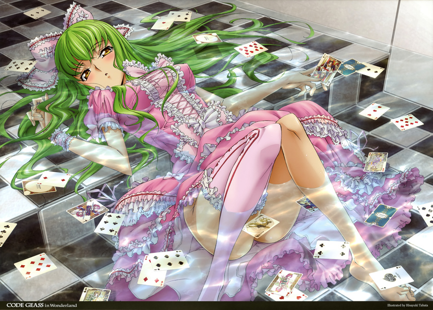 absurdres alice_in_wonderland barefoot bracelet c.c. card checkered checkered_floor code_geass convenient_censoring dress floating_card frills green_hair highres holding holding_card jewelry laces lelouch_lamperouge long_hair lying lying_card no_panties partially_submerged pink_dress pink_legwear playing_card single_thighhigh solo tabata_hisayuki thighhighs tiles too_many too_many_frills water yellow_eyes