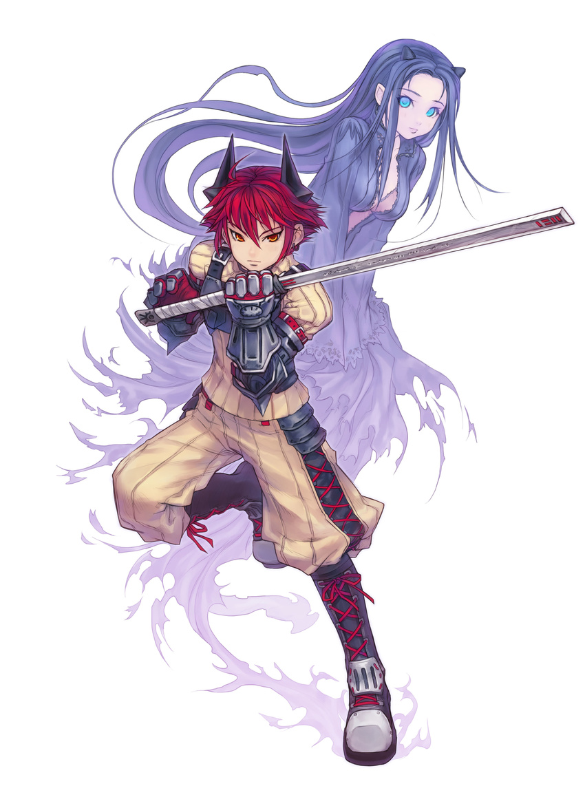 1girl absurdres blue_eyes blue_hair boots breasts gauntlets ghost highres horns karen_(pangya) kaz medium_breasts pangya red_hair short_hair sword torn_clothes weapon