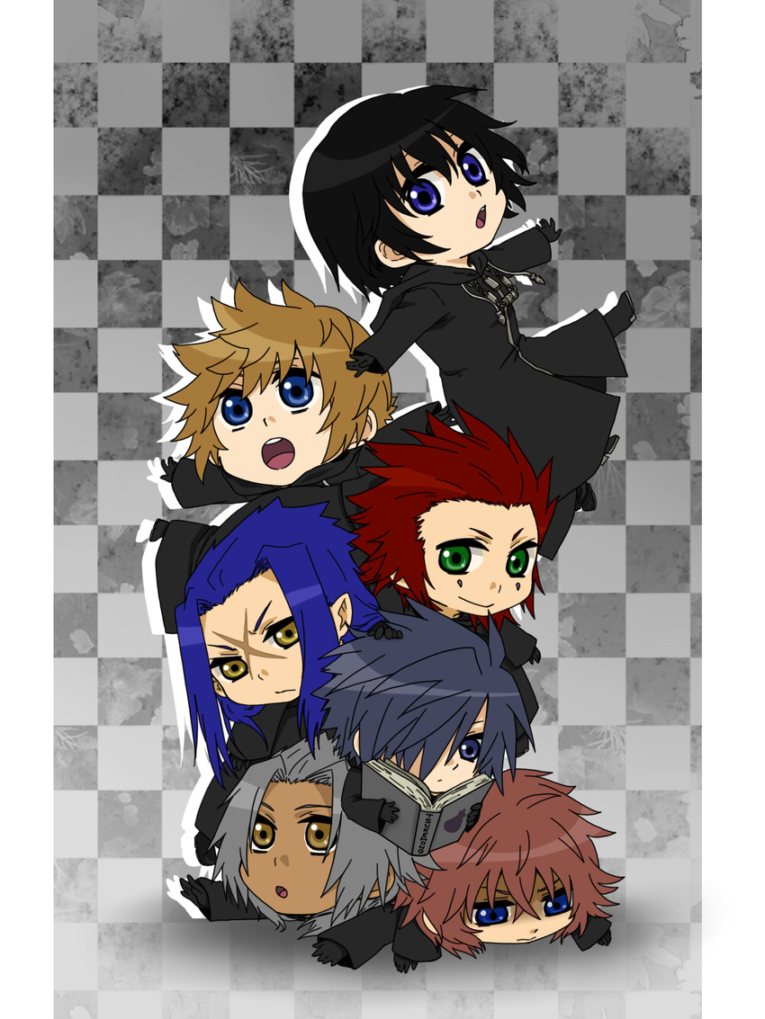 6+boys axel_(kingdom_hearts) black_coat_(kingdom_hearts) black_hair blonde_hair blue_hair book cloak dark_skin facial_mark gloves green_eyes hair_over_one_eye highres kingdom_hearts kingdom_hearts_358/2_days long_hair marluxia multiple_boys pink_hair pointy_ears reading red_hair roxas saix scar short_hair shuu_(blow_wind) silver_hair xemnas xion_(kingdom_hearts) yellow_eyes zexion