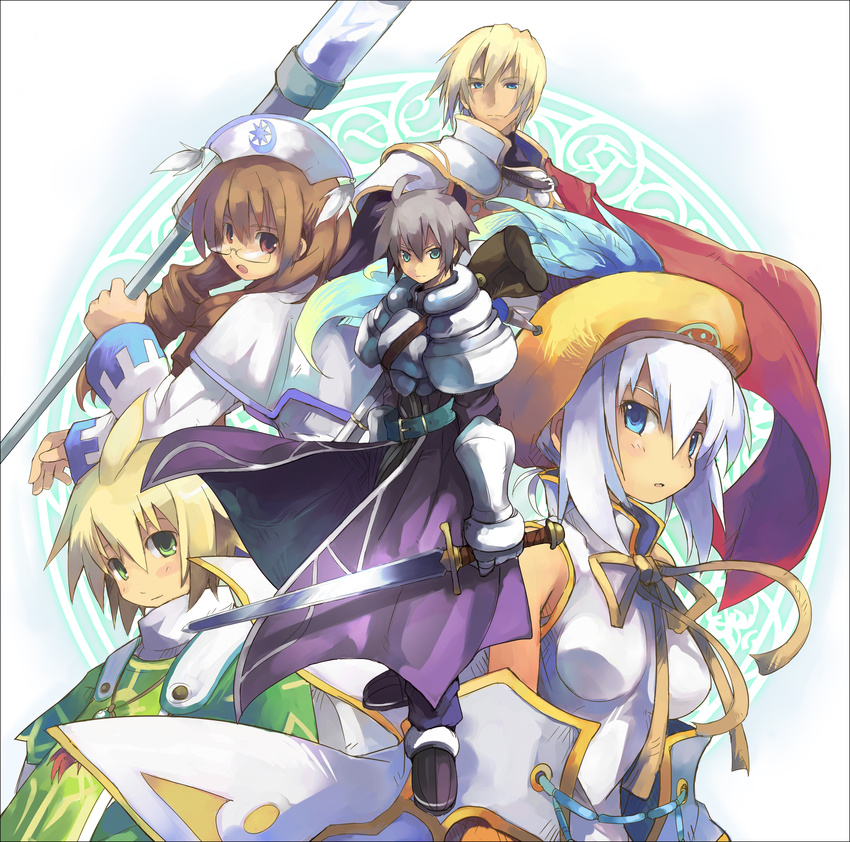 3boys absurdres alph_(luminous_arc) armor beret blonde_hair brown_hair cecille cover drill_hair game_cover gauntlets hat heath_(luminous_arc) highres lucia_(luminous_arc) luminous_arc multiple_boys multiple_girls nurse_cap official_art shibano_kaito short_hair staff sword theo_(luminous_arc) twin_drills twintails weapon white_hair