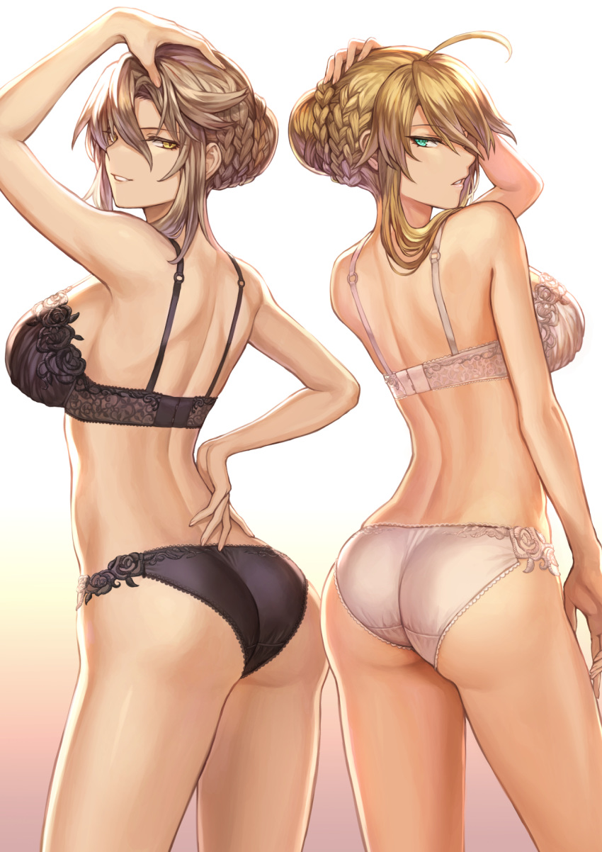 ahoge arm_up artist_name artoria_pendragon_(all) artoria_pendragon_(lancer) artoria_pendragon_(lancer_alter) ass back back-to-back bangs bare_shoulders black_bra black_panties blonde_hair bra braid breasts cowboy_shot dual_persona eyebrows_visible_through_hair fate/grand_order fate_(series) french_braid gradient gradient_background green_eyes grin hair_between_eyes hair_over_shoulder hand_on_hip hand_on_own_head highres hips lace lace-trimmed_bra lace-trimmed_panties large_breasts lips long_hair looking_at_viewer looking_back mashu_003 multiple_girls panties parted_lips shoulder_blades sidelocks smile thighs underwear underwear_only wedgie white_background white_bra white_panties yellow_eyes