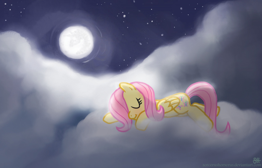 blush cloud clouds cute cutie_mark equine eyes_closed female feral fluttershy_(mlp) friendship_is_magic hair horse mammal moon my_little_pony night pegasus pink_hair pony sleeping solo sorcerushorserus stars wings