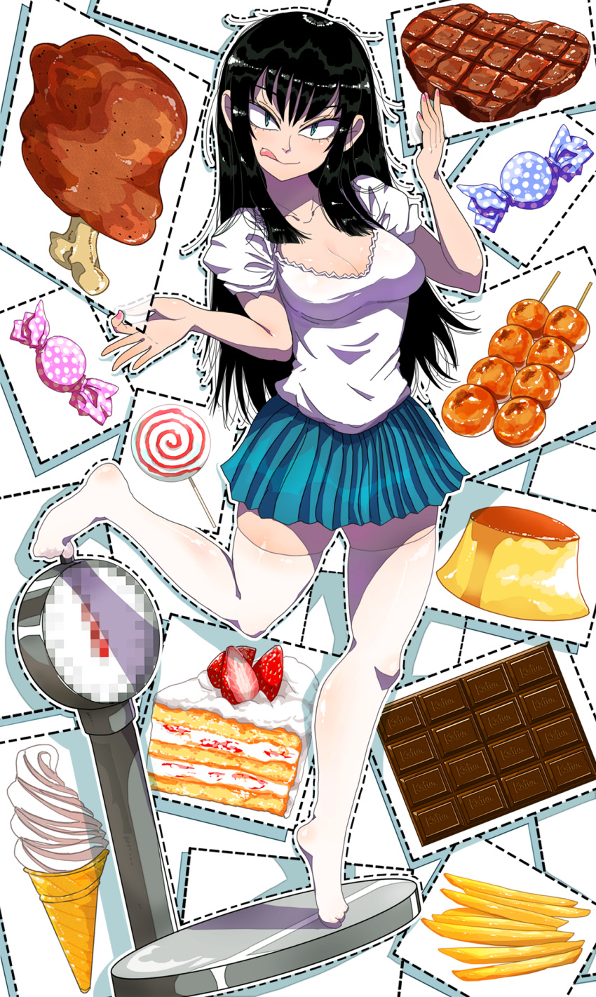 1girl :q bangs black_hair blouse blue_eyes blue_skirt boned_meat breasts cake candy censored chicken_leg chocolate chocolate_bar cleavage dango dotted_line food french_fries full_body highres ice_cream ice_cream_cone kafun lollipop long_hair looking_at_viewer meat medium_breasts miniskirt mitarashi_dango mosaic_censoring nail_polish no_shoes ok_sign original pink_nails pleated_skirt pudding sanpaku short_sleeves skirt slice_of_cake smile soft_serve solo standing standing_on_one_leg steak strawberry_shortcake swirl_lollipop thighhighs tiptoes tongue tongue_out tsurime w_arms wagashi weighing_scale white_blouse white_legwear wrapped_candy zettai_ryouiki