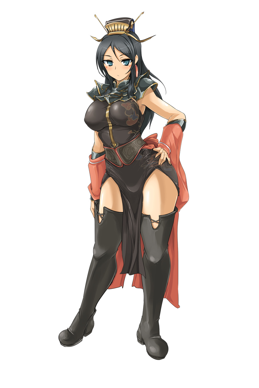 absurdres black_hair black_legwear blue_eyes boots china_dress chinese_clothes curvy dress earrings facial_mark frown full_body gauntlets hand_on_hip headdress highres jewelry legs momio oui sangokushi_taisen solo thick_thighs thigh_boots thighhighs thighs transparent_background