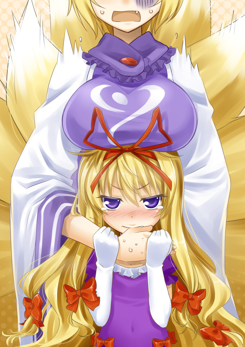 age_regression angry biting blonde_hair blue_eyes blush bow breast_rest breasts breasts_on_head child colored_eyelashes covered_navel elbow_gloves fang fox_tail frown gloves hair_bow hand_biting head_out_of_frame height_difference highres large_breasts lolikari long_hair looking_at_viewer multiple_girls multiple_tails okitakung shaded_face short_hair tail teardrop touhou white_gloves yakumo_ran yakumo_yukari younger