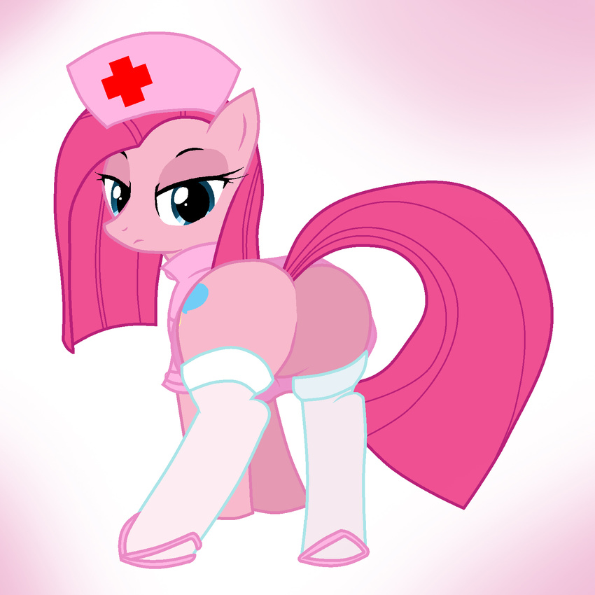 butt cutie_mark equine female feral friendship_is_magic hair hat horse legwear long_hair looking_at_viewer looking_back mammal my_little_pony nurse pink_hair pink_theme pinkamena_(mlp) pinkie_pie_(mlp) pony pyruvate solo stockings straight_hair tail