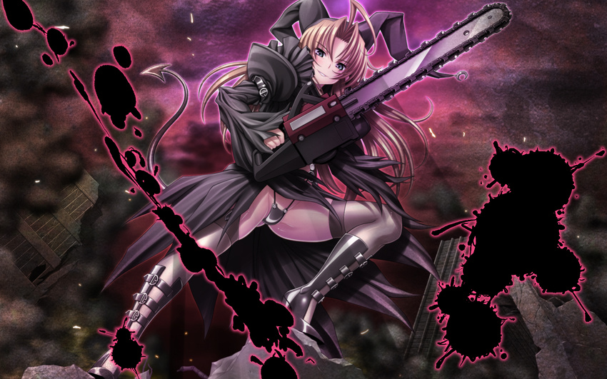 antenna_hair bad_end belt_boots black black_dress black_legwear boots brown_hair building chainsaw dark_persona demon_tail dress dutch_angle evil_smile from_below green_eyes hat highres higuchi_isami kusunoki_sae long_hair looking_at_viewer magical_girl mahou_shoujo_sae official_art smile solo tail thighhighs wallpaper