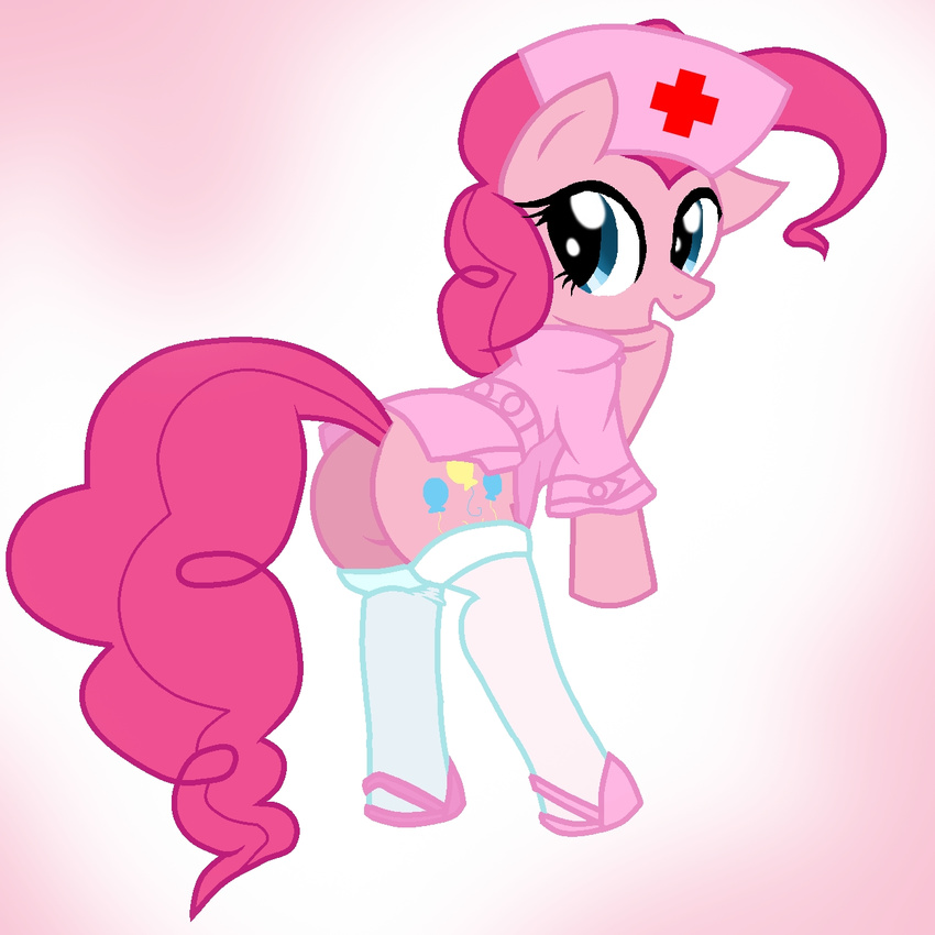 butt cutie_mark dress equine female feral friendship_is_magic hair horse legwear long_hair looking_at_viewer looking_back mammal my_little_pony nurse pinkie_pie_(mlp) pony pyruvate short_dress solo stockings tail