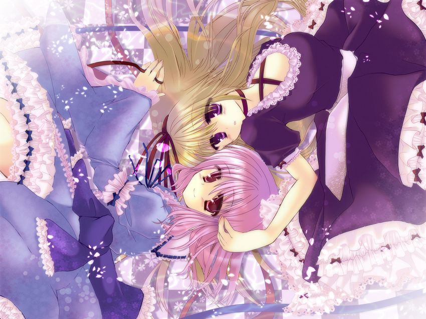 bad_id bad_pixiv_id blonde_hair hair_ribbon japanese_clothes lying morita_gurutamin multiple_girls pink_eyes pink_hair purple_eyes ribbon saigyouji_yuyuko touhou yakumo_yukari