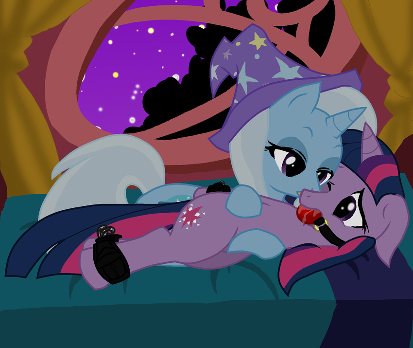 bdsm bed bondage bound cutie_mark drooling equine female feral friendship_is_magic gag hair hat horn horse lesbian long_hair looking_at_viewer mammal multi-colored_hair my_little_pony pony purple_eyes pyruvate saliva tail trixie_(mlp) twilight_sparkle_(mlp) unicorn wizard_hat