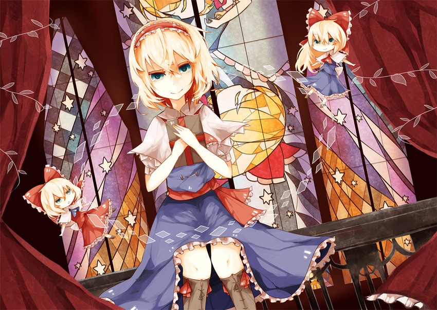 alice_margatroid blonde_hair blue_eyes book boots bow dress dutch_angle hair_bow hairband kaio_(watagami) shanghai_doll short_hair sitting smile solo stained_glass touhou