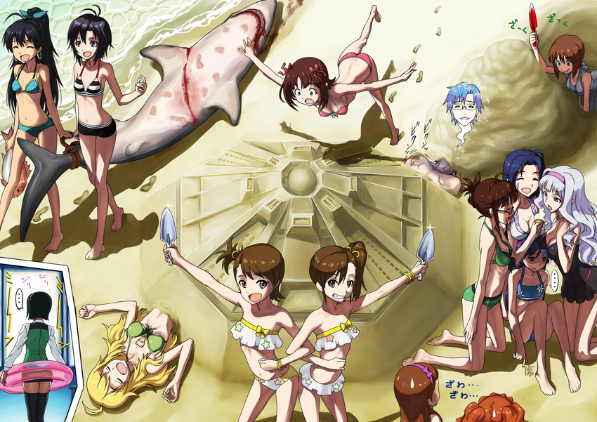 6+girls ahoge akizuki_ritsuko amami_haruka andor_genesis animal barefoot beach bikini black_hair blood blue_hair breast_envy breast_rest breasts brown_hair buried cleavage fish food futami_ami futami_mami ganaha_hibiki giving_up_the_ghost glasses green_hair hagiwara_yukiho hairband hamster hamuzou high_ponytail highres hoshii_miki ice_cream ice_cream_cone idolmaster idolmaster_(classic) innertube kikuchi_makoto kisaragi_chihaya kyodairobo long_hair medium_breasts midriff minase_iori miura_azusa multiple_girls navel not_present one-piece_swimsuit orange_hair otonashi_kotori ponytail producer_(idolmaster_anime) ribbon ribs sand_castle sand_sculpture shark shijou_takane short_hair siblings silver_hair sisters sleeping swimsuit takatsuki_yayoi thighhighs tongue tripping trowel twins xevious