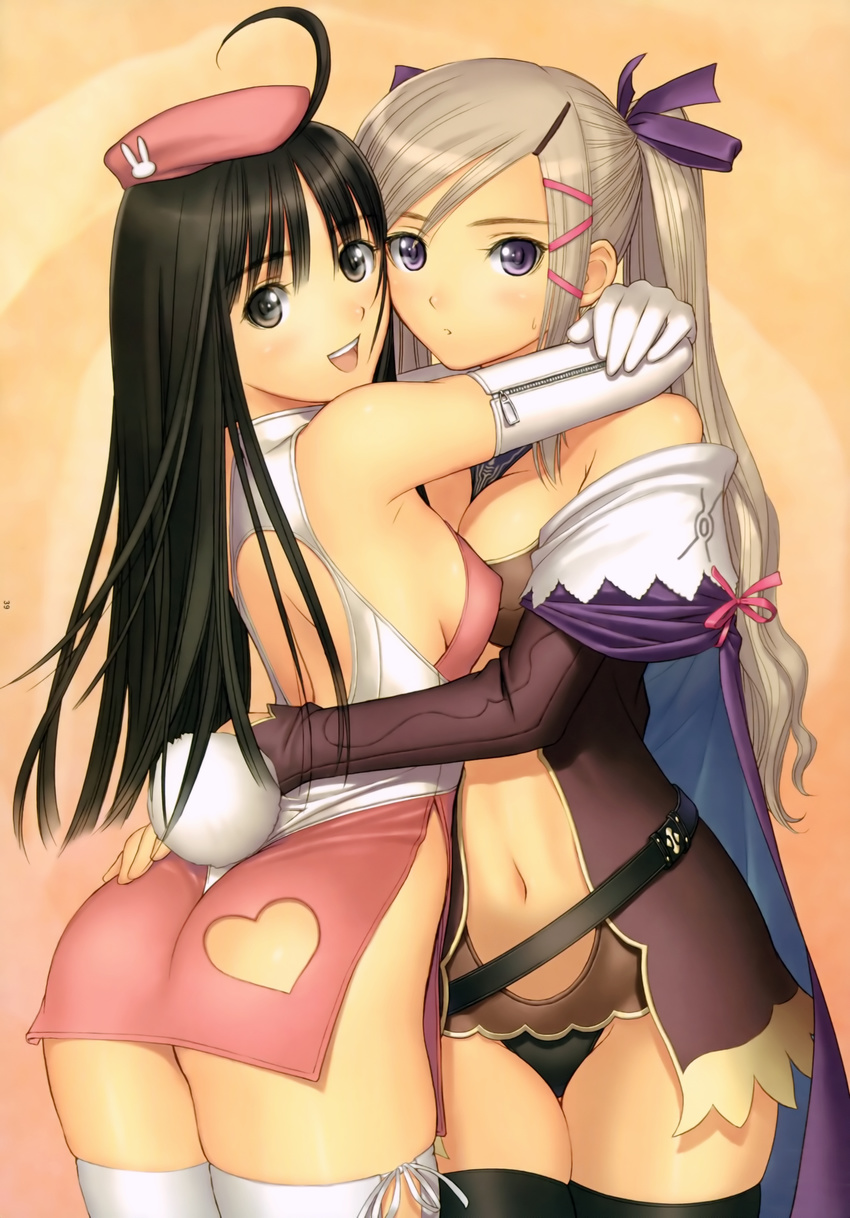 2girls absurdres ass belt black_eyes black_hair black_legwear black_panties bow breast_press breasts bunny_tail cape covered_nipples erect_nipples gloves grey_hair hair_ornament hair_ribbon hairclip hat highres hug long_hair multiple_girls navel no_panties original panties purple_eyes ribbon smile symmetrical_docking tail taka_tony tanaka_takayuki thighhighs twintails underwear white_gloves white_legwear