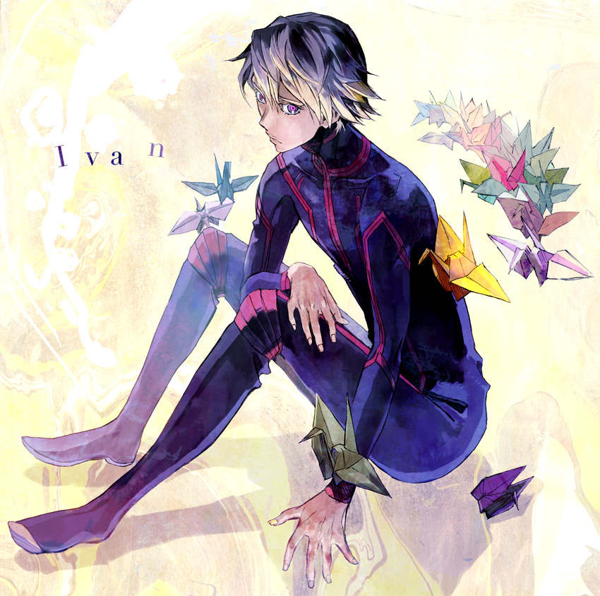 blonde_hair bodysuit ivan_karelin male_focus nazu0925 origami paper_crane purple_eyes sitting solo tiger_&amp;_bunny