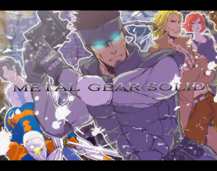 armor bad_id bad_pixiv_id bandana blonde_hair blue_eyes brown_hair cyborg cyborg_ninja dog_tags glasses glowing glowing_eyes gray_fox grey_hair gun hal_emmerich highres jewelry labcoat liquid_snake male_focus meryl_silverburgh metal_gear_(series) metal_gear_solid multiple_boys necklace nicoxxxxx ninja red_hair solid_snake trench_coat weapon