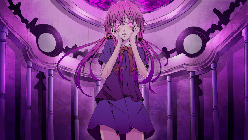 blue_skirt blush bow bowtie gasai_yuno glowing glowing_eyes hair_between_eyes hair_bow hands_on_own_cheeks hands_on_own_face highres long_hair looking_at_viewer miniskirt mirai_nikki open_mouth pink_eyes pink_hair reio_reio school_uniform short_sleeves skirt solo twintails yandere_trance