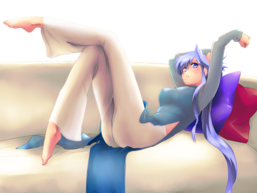 arm_up barefoot blue_eyes blush couch crossed_legs cushion feet full_body heterochromia lavolpe_(yagisaka_seto) leg_up legs long_legs lying on_back original pelvic_curtain plantar_flexion purple_eyes short_hair_with_long_locks side_slit sidelocks silver_hair sitting solo thighs vietnamese_dress yagisaka_seto