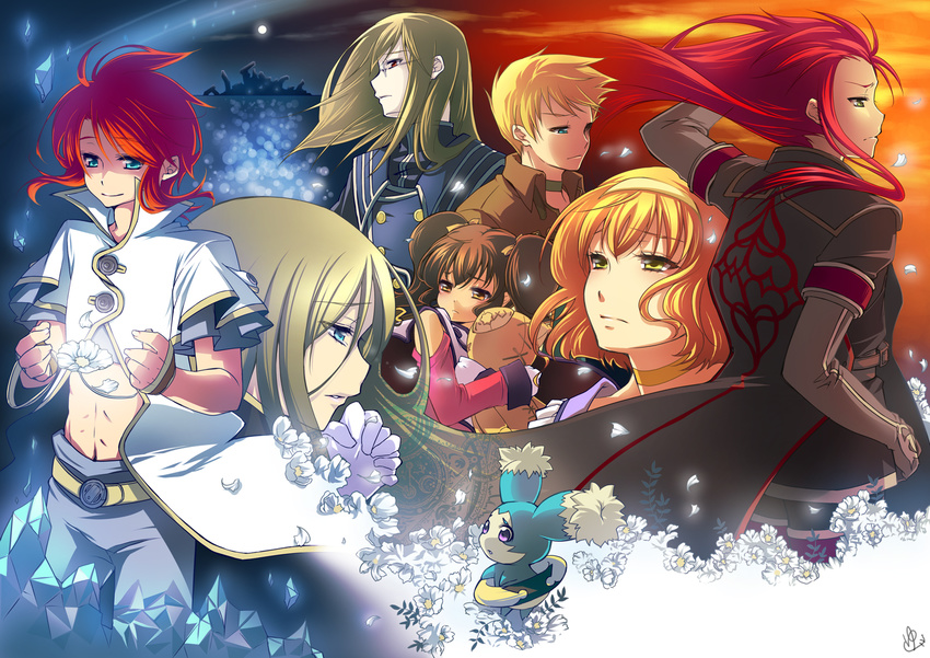 4boys anise_tatlin aqua_eyes asch belt blonde_hair blue_eyes brown_eyes brown_hair choker coat crystal doll flower glasses green_eyes guy_cecil hairband hands_clasped highres jade_curtiss kagemoto_yuki long_hair luke_fon_fabre midriff mieu multiple_boys multiple_girls natalia_luzu_kimlasca_lanvaldear own_hands_together pants red_eyes red_hair serious smile surcoat tales_of_(series) tales_of_the_abyss tear_grants tokunaga twintails