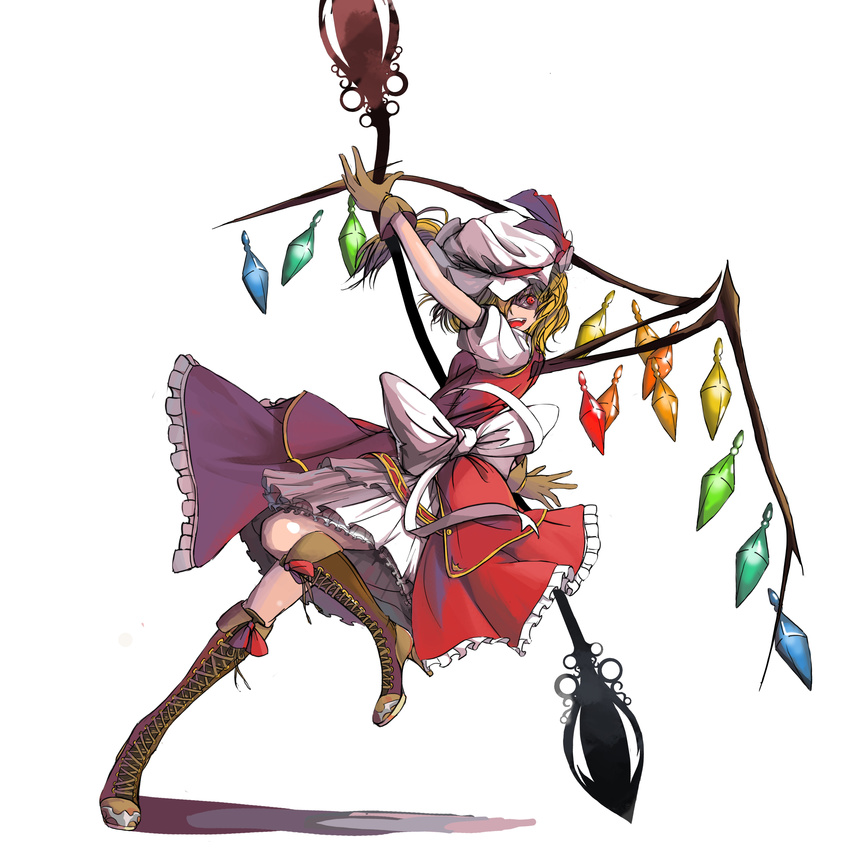 absurdres adapted_costume blonde_hair boots bow cross-laced_footwear dress flandre_scarlet full_body gloves hair_over_one_eye hat hat_bow highres knee_boots lace-up_boots large_bow maz_(fanxuying) open_mouth red_eyes short_hair simple_background solo standing standing_on_one_leg touhou wings