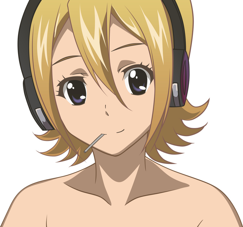 absurdres bare_shoulders blonde_hair blue_eyes candy closed_mouth face food headphones highres lollipop looking_at_viewer non-web_source onizuka_hime portrait sket_dance smile solo transparent_background vector_trace