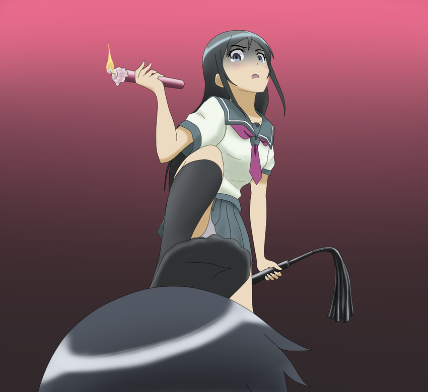 1girl aragaki_ayase bdsm bi_no_ossan black_hair candle check_commentary commentary commentary_request femdom kousaka_kyousuke long_hair open_mouth ore_no_imouto_ga_konna_ni_kawaii_wake_ga_nai panties tears underwear upskirt whip