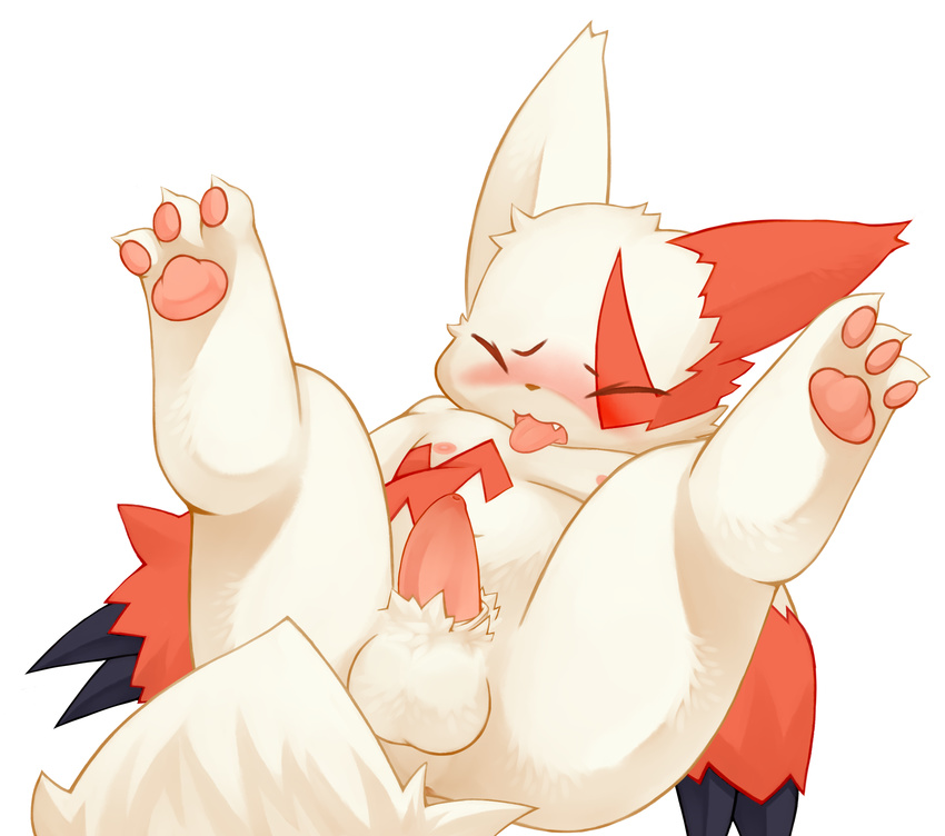 balls big_ears blush chubby claws erection eyes_closed hi_res hindpaw kemonoca legs_in_air legs_up lying male nintendo nude on_back pawpads paws penis plain_background pok&#233;mon pok&eacute;mon solo spread_legs spreading tail teeth tongue tongue_out video_games vono white_background zangoose