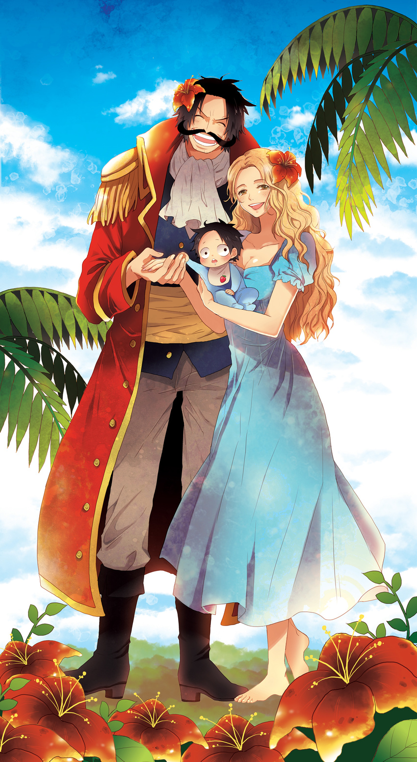 1girl absurdres ance baby barefoot beard black_hair blonde_hair brown_eyes closed_eyes couple facial_hair family flower freckles gol_d_roger hair_flower hair_ornament happy hetero hibiscus highres long_hair mustache one_piece portgas_d_ace portgas_d_rouge smile spoilers what_if