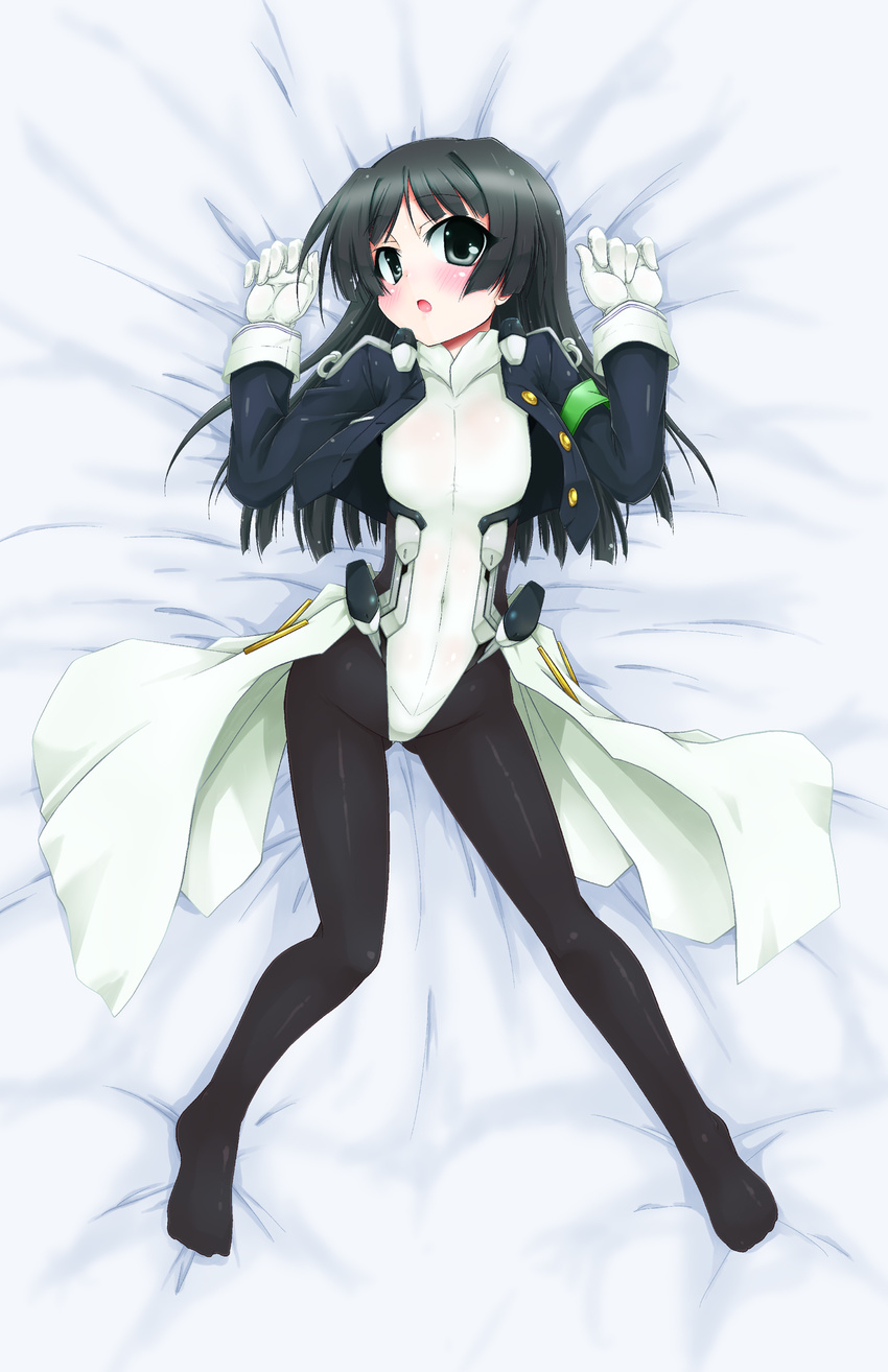 :o black_eyes black_hair blush bodysuit flat_chest highres honda_masazumi kyoukaisenjou_no_horizon long_hair lying on_back open_mouth pantyhose shirogane_(cufsser) solo