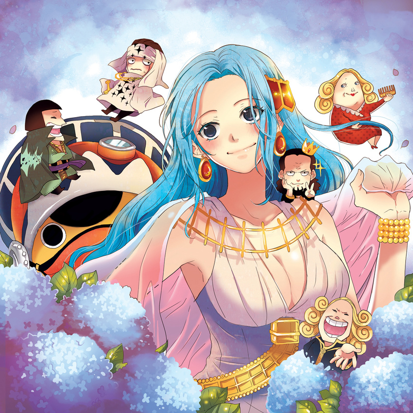 4boys ance bird blue_hair bracelet breasts cape carue chaka_(one_piece) chibi cleavage closed_eyes comb crown duck earrings father_and_daughter helmet husband_and_wife igaram jewelry large_breasts long_hair multiple_boys multiple_girls necklace nefertari_cobra nefertari_vivi one_piece pell petals see-through sword tattoo terracotta v weapon