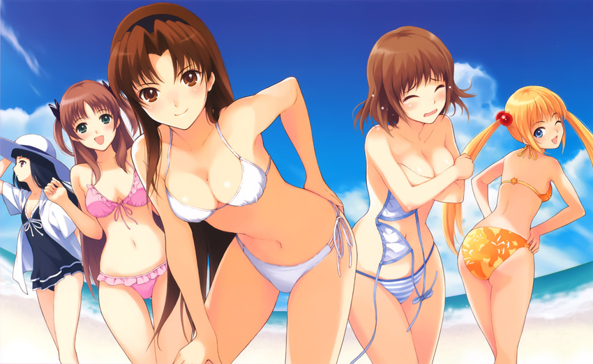 :d ;d absurdres amatsuka_haruka amatsuka_hikaru amatsuka_hotaru amatsuka_rikka amatsuka_urara ass baby_princess babydoll beach bent_over bikini bikini_top_removed breasts brown_eyes brown_hair casual_one-piece_swimsuit cleavage cloud covering covering_breasts day embarrassed front-tie_top green_eyes hairband hand_on_ass hand_on_headwear hand_up hat highres long_hair medium_breasts mibu_natsuki multiple_girls one-piece_swimsuit one_eye_closed open_mouth outdoors pose short_hair side-tie_bikini sky small_breasts smile sun_hat swimsuit topless twintails