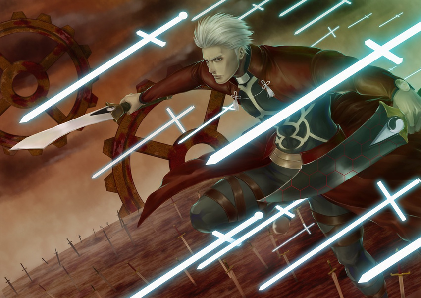 2ra2ra2rara archer dark_skin dark_skinned_male dual_wielding fate/stay_night fate_(series) field_of_blades gears holding kanshou_&amp;_bakuya male_focus planted_sword planted_weapon realistic solo sword unlimited_blade_works weapon white_hair