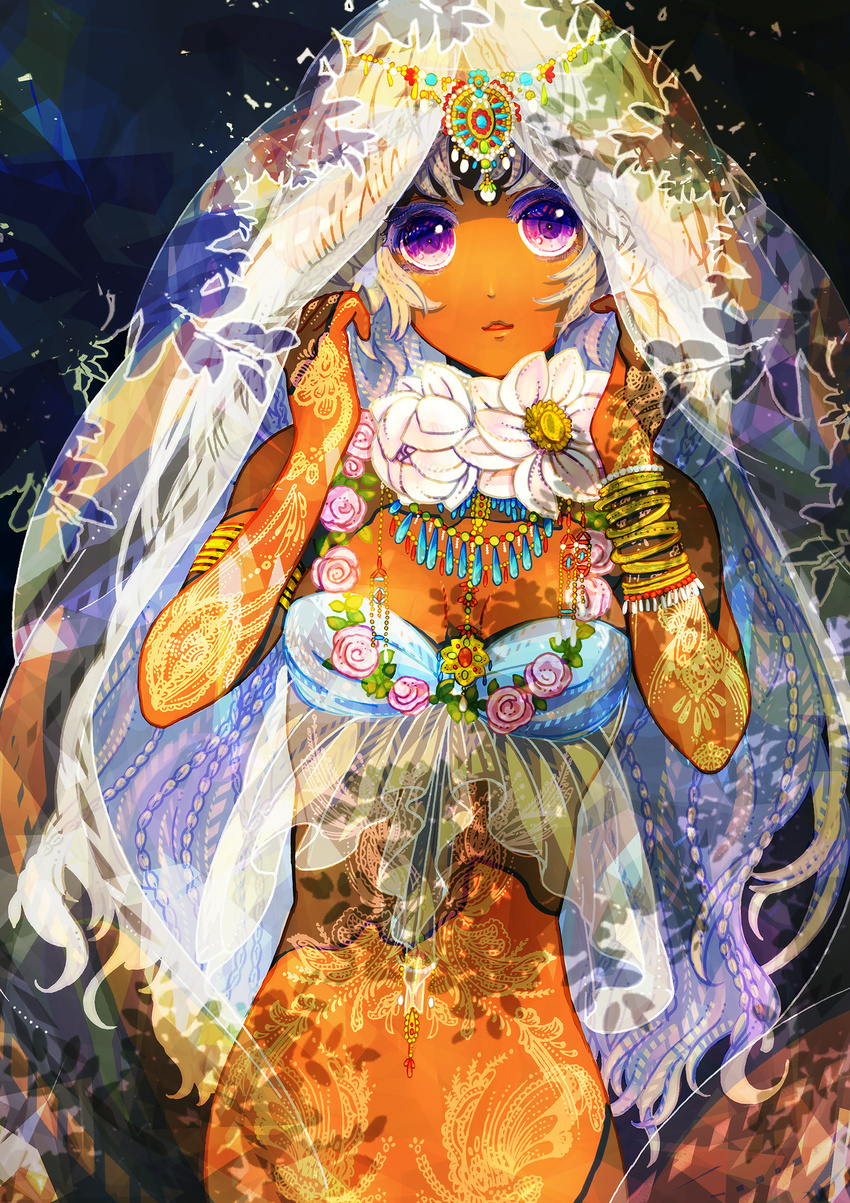 absurdres bracelet dark_skin flower headdress highres jewelry kyachi long_hair looking_at_viewer navel necklace original purple_eyes silver_hair solo