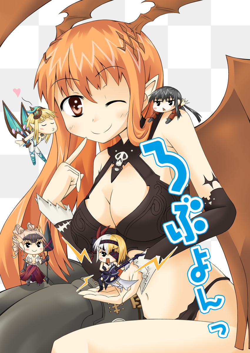 absurdres asymmetrical_clothes asymmetrical_clothing bangs bare_shoulders black_hair blonde_hair blunt_bangs blush_stickers breasts character_request chibi cleavage demon_girl drill_hair elbow_gloves eyepatch eyes_closed gloves hairband hat heart highres horns large_breasts long_hair lord_of_vermilion midriff multiple_girls navel open_mouth orange_eyes orange_hair pink_hair pointy_ears ponytail red_eyes short_hair single_wing smile succubus wings wink