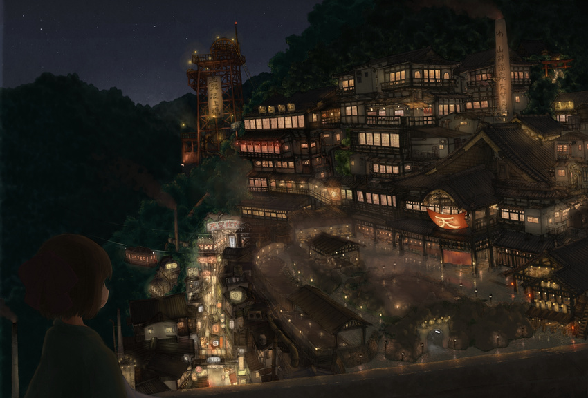 aerial_tram architecture bow brown_hair cable chimney cityscape east_asian_architecture hair_bow highres lantern lights night night_sky onsen open_mouth original pipes pochi_(poti1990) scenery sign sky solo star_(sky) tower tree