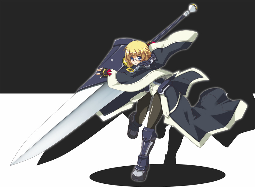 :o adele_balfetto black_legwear blonde_hair blue_eyes choco_la_tea fingerless_gloves glasses gloves huge_weapon kyoukaisenjou_no_horizon lance long_hair md5_mismatch pantyhose polearm solo standing standing_on_one_leg weapon