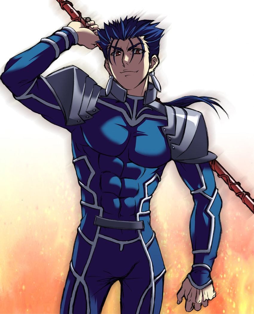 absurdres blue_hair fate/stay_night fate_(series) gae_bolg highres lancer long_hair male_focus masurao_bc polearm ponytail red_eyes solo spear weapon